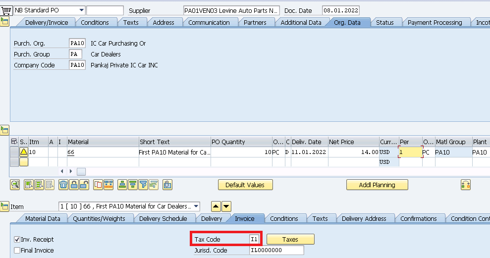 tax code assignment in sap mm