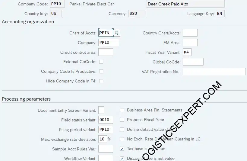 Configuring Global Parameter for PP10 Company Code