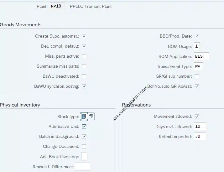 Picture : Plant Parameter for PA10 Plant