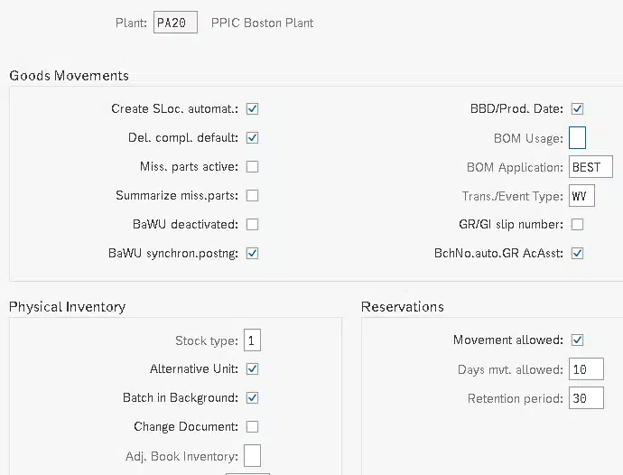 Picture : Plant Parameter for PA20 Plant